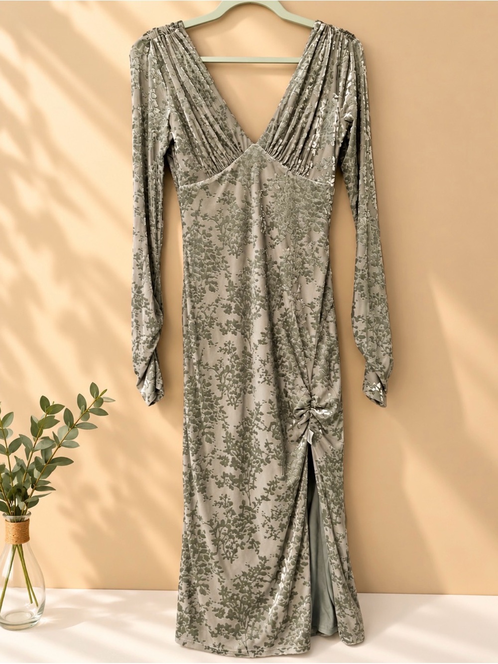 Long Sleeve V-Neck Velvet Dress in Sage Green
